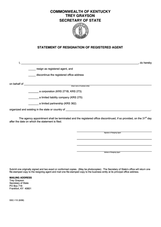 Fillable Form Ssc-110 - Statement Of Resignation Of Registered Agent - Secretary Of State, Commonwealth Of Kentucky Printable pdf