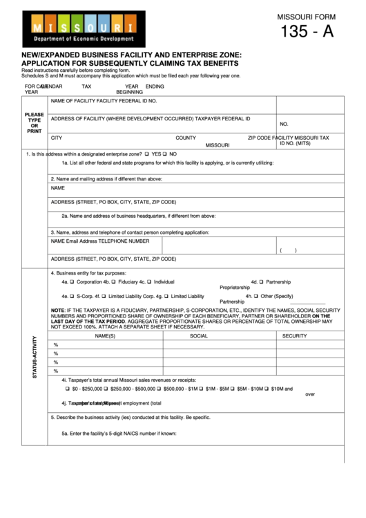 Form 135 - A - Application For Subsequently Claiming Tax Benefits Printable pdf