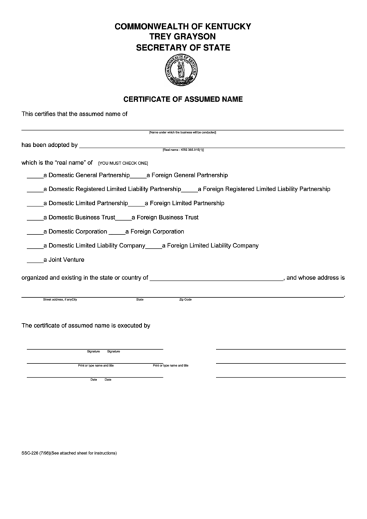Fillable Form Ssc-226 - Certificate Of Assumed Name Printable pdf