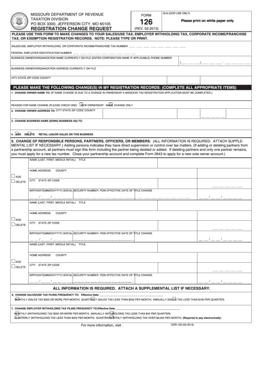 Fillable Form 126 - Registration Change Request Printable pdf