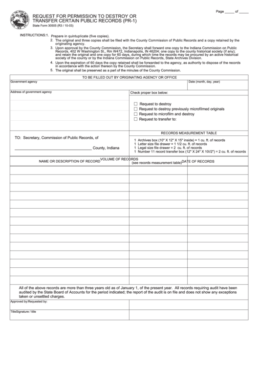Fillable State Form 30505 - Request For Permission To Destroy Or Transfer Certain Public Records - Indiana Commission On Public Records Printable pdf