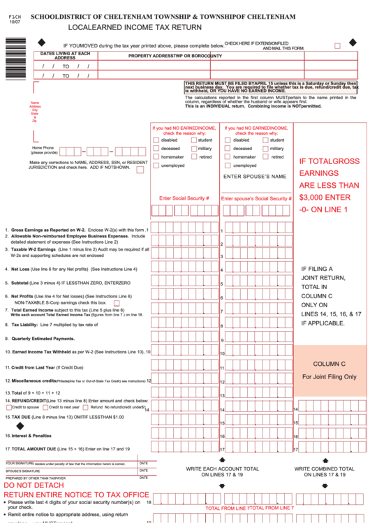 Form F1ch - Local Earned Income Tax Return - 2007 Printable pdf