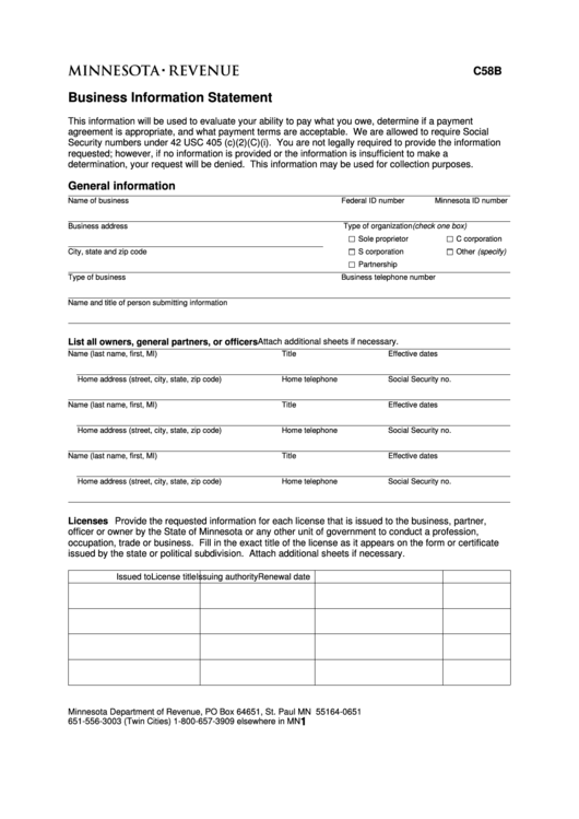 Form C58b - Business Information Statement Printable pdf