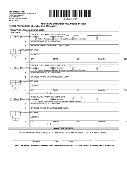 Form Crf-004 - Additional Ownership / Relationship Form Printable pdf