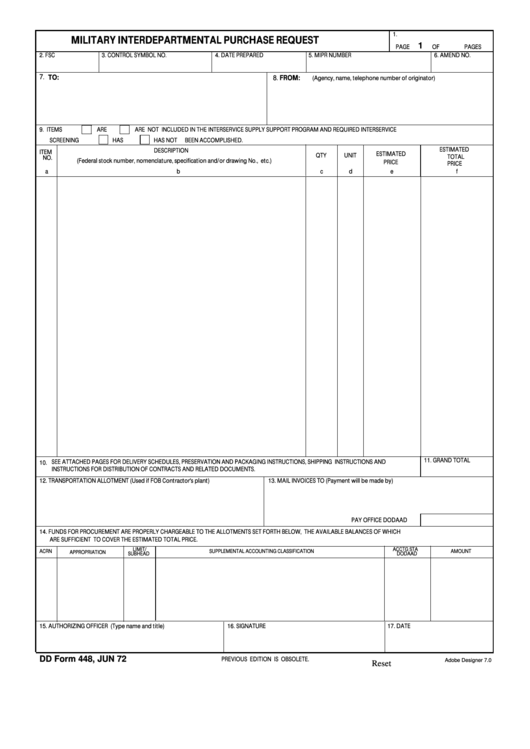 Fillable Dd Form 448 - Military Interdepartmental Purchase Request Printable pdf