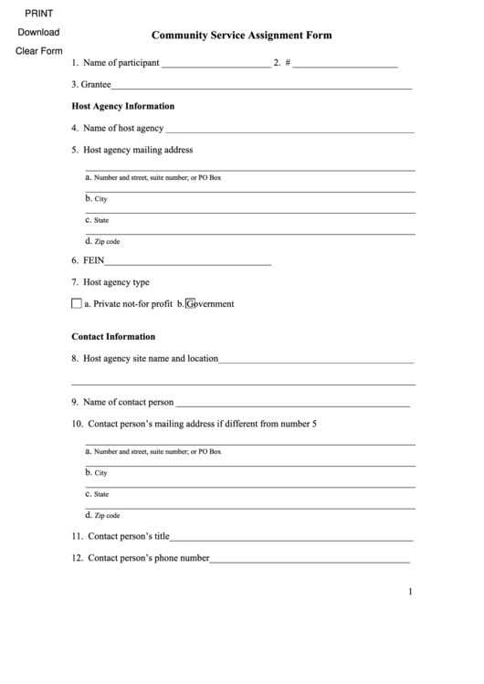 Fillable Community Service Assignment Form Printable pdf