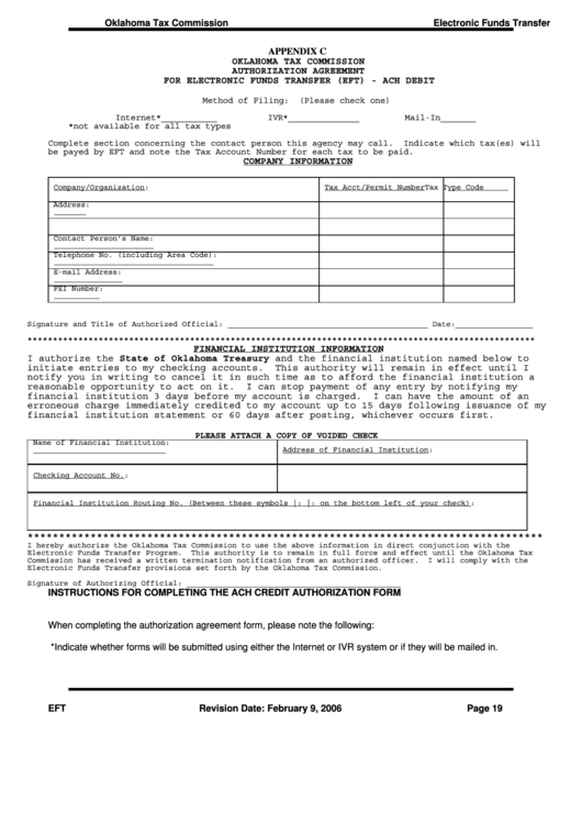 Appendix C - Authorization Agreement For Electronic Funds Transfer (Eft) - Ach Debit - Oklahoma Tax Commission Printable pdf