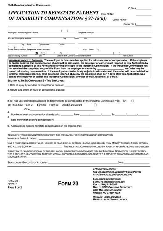 Form 23 - Application To Reinstate Payment Emp. Fein # Of Disability Compensation Printable pdf