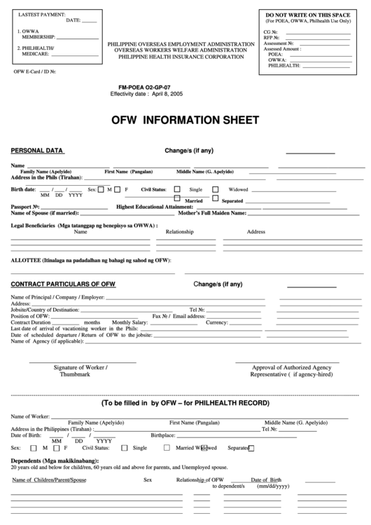 Ofw Information Sheet - Philippine Overseas Employment Administration Printable pdf