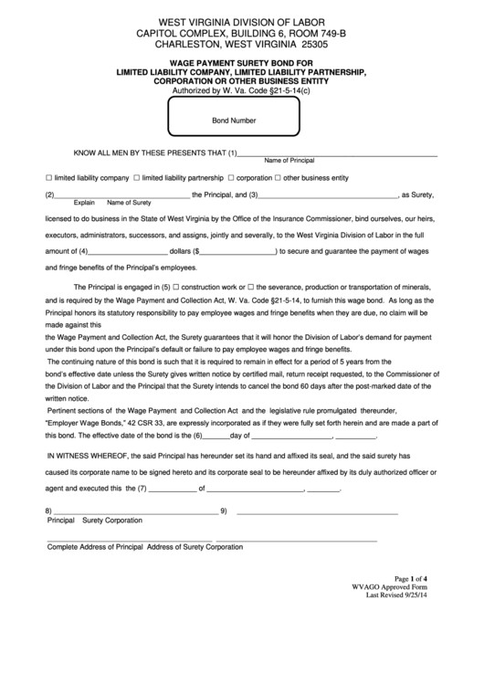 Fillable Wage Payment Surety Bond Form - West Virginia Division Of Labor Printable pdf