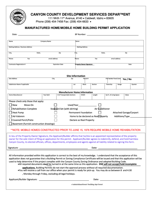 Manufactured Home/mobile Home Building Permit Application Form Printable pdf