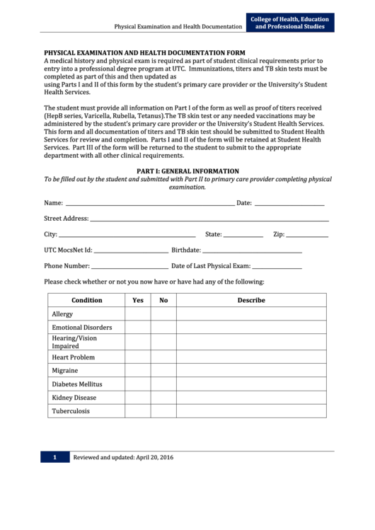Physical Examination And Health Documentation Form Printable pdf