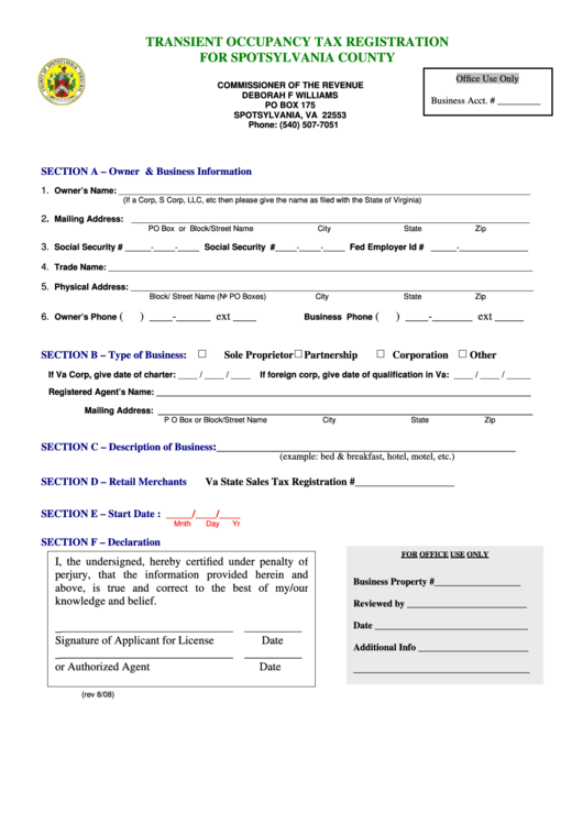 Transient Occupancy Tax Registration For Spotsylvania County Form Printable pdf