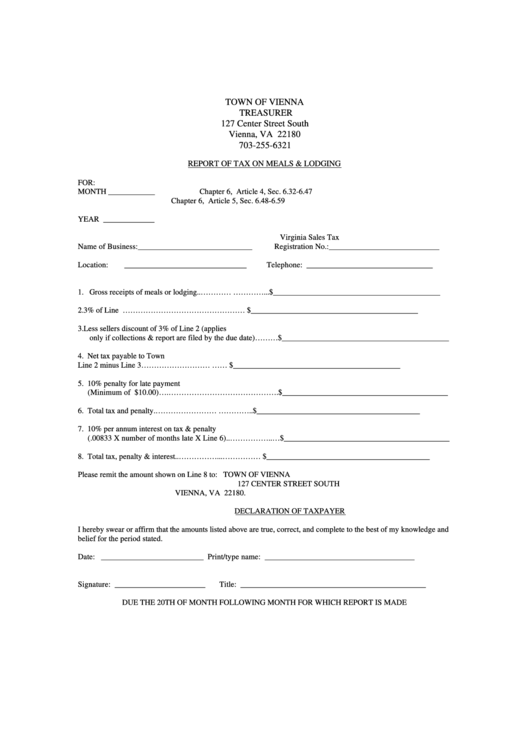 Report Of Tax On Meals & Lodging Form Printable pdf