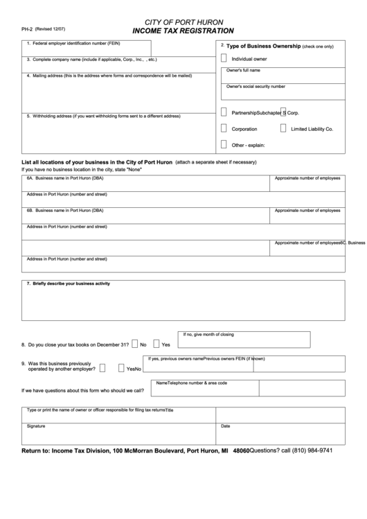 Fillable Form Ph-2 - Income Tax Registration Printable pdf