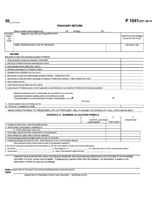 Form P 1041 - Income Tax Fiduciary Return Printable pdf
