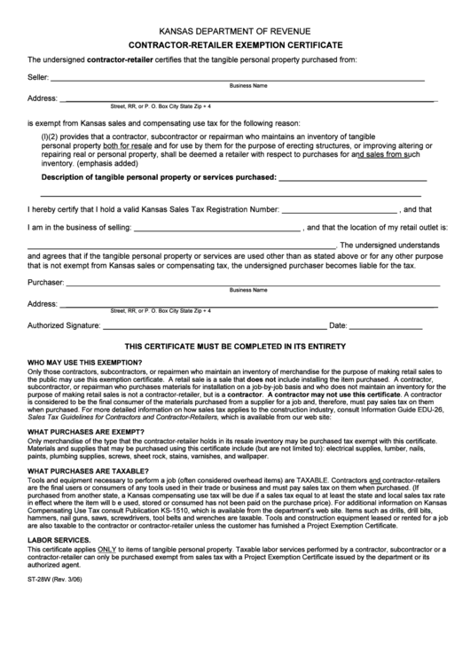 Form St-28w - Contractor-Retailer Exemption Certificate Printable pdf