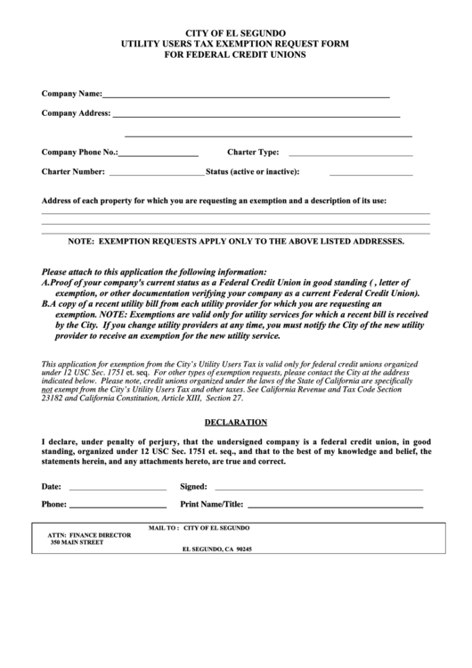 Utility Users Tax Exemption Request Form For Federal Credit Unions - City Of El Segundo Printable pdf