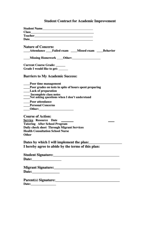 Student Contract For Academic Improvement Form Printable pdf