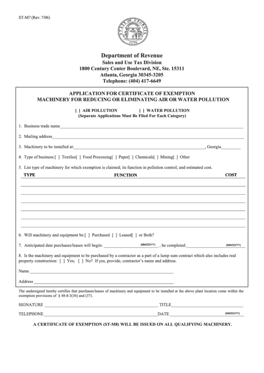 Fillable Form St-M7 - Application For Certificate Of Exemption Machinery For Reducing Or Eliminating Air Or Water Pollution Printable pdf