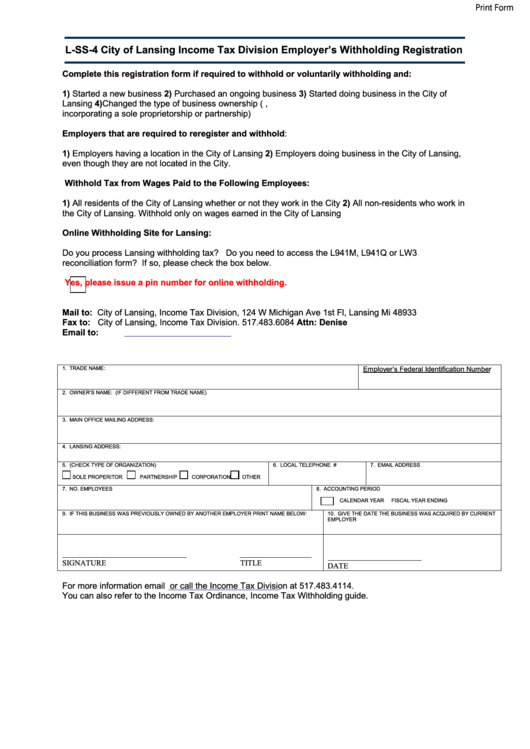 Fillable Form L-Ss-4 - Income Tax Division Employer