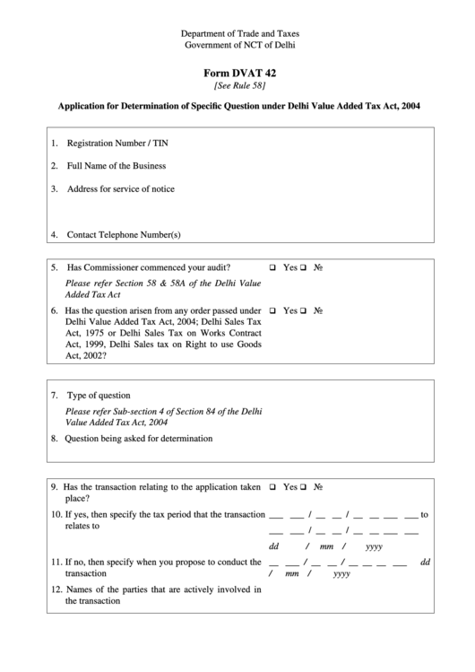 Form Dvat 42 - Application For Determination Of Specific Question Under Delhi Value Added Tax Act Printable pdf