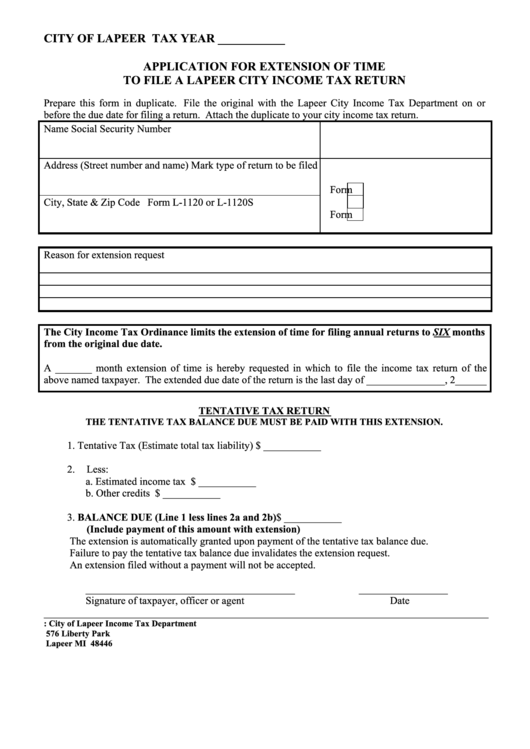 Application For Extension Of Time To File A Income Tax Return - City Of Lapeer Printable pdf