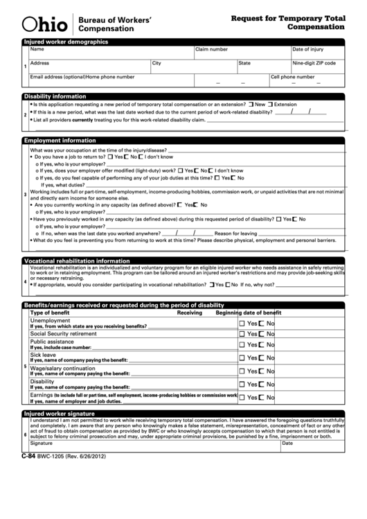 Form C-84 Bwc-1205 - Request For Temporary Total Compensation - 2012 Printable pdf