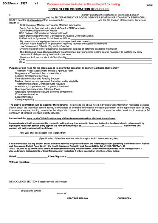 Fillable Form Sd Eform - 2367 V1 - Consent For Information Disclosure - Department Of Social Services, State Of South Dakota Printable pdf