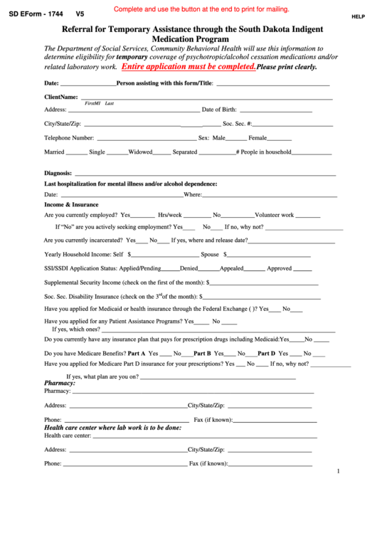 Fillable Form Sd Eform - 1744 V5 - Referral For Temporary Assistance Through The South Dakota Indigent Medication Program - Department Of Social Services, State Of South Dakota Printable pdf