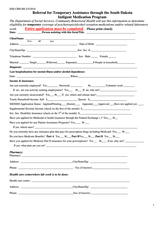 Form Dss Cbh-Im - Referral For Temporary Assistance Through The South Dakota Indigent Medication Program - Department Of Social Services, State Of South Dakota Printable pdf