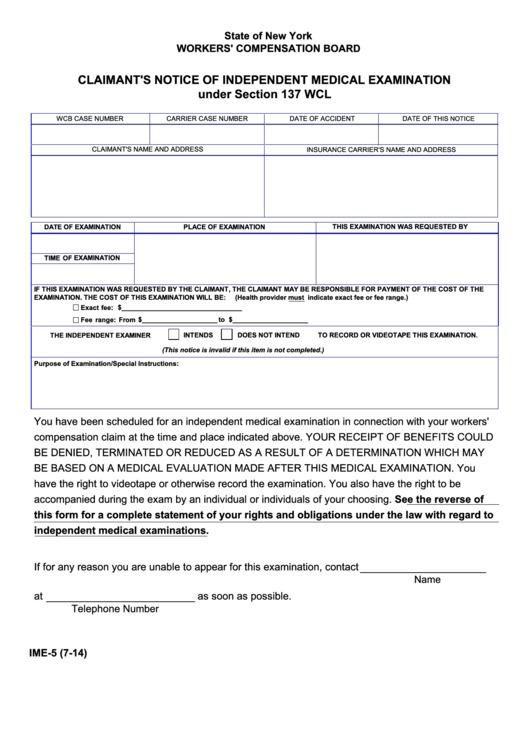 Form Ime-5 - Claimant's Notice Of Independent Medical Examination