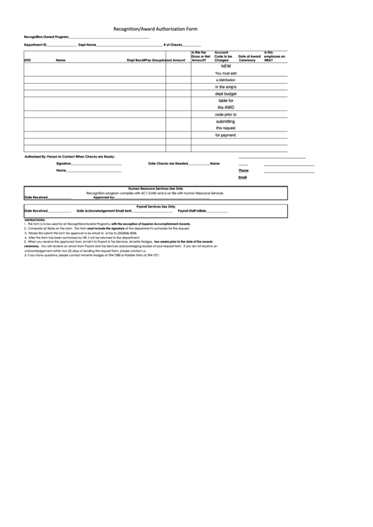 Fillable Recognition/award Authorization Form Printable pdf