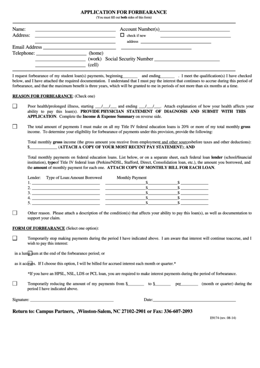 Application For Forbearance Form Printable pdf