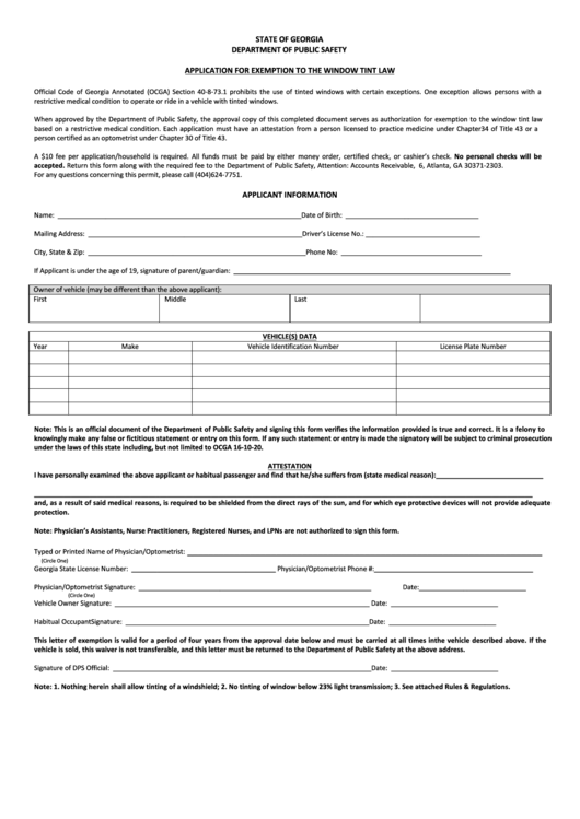 Fillable Application For Exemption To The Window Tint Law Form Printable pdf