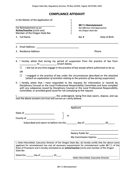 Compliance Affidavit Form Oregon Printable pdf