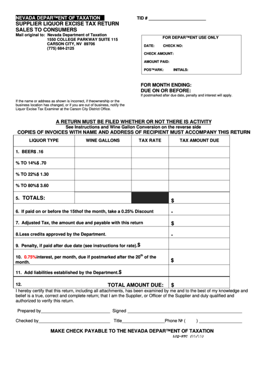 Fillable Form Liq-Stc - Supplier Liquor Excise Tax Return Form Sales To Consumers Printable pdf