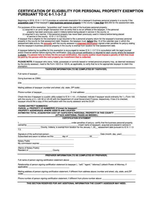 Certification Of Eligibility For Personal Property Exemption Form