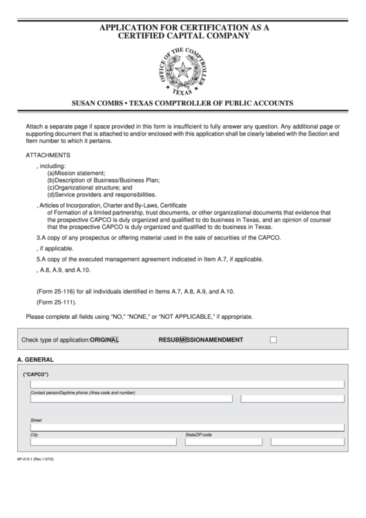 Fillable Texas Application Form For Certification As A Certified Capital Company Printable pdf