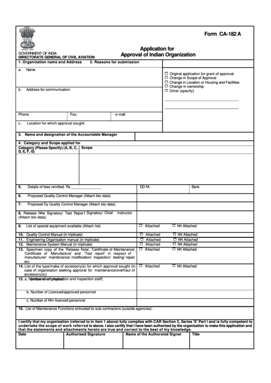 Form Ca-182 A - Application For Approval Of Indian Organization Printable pdf