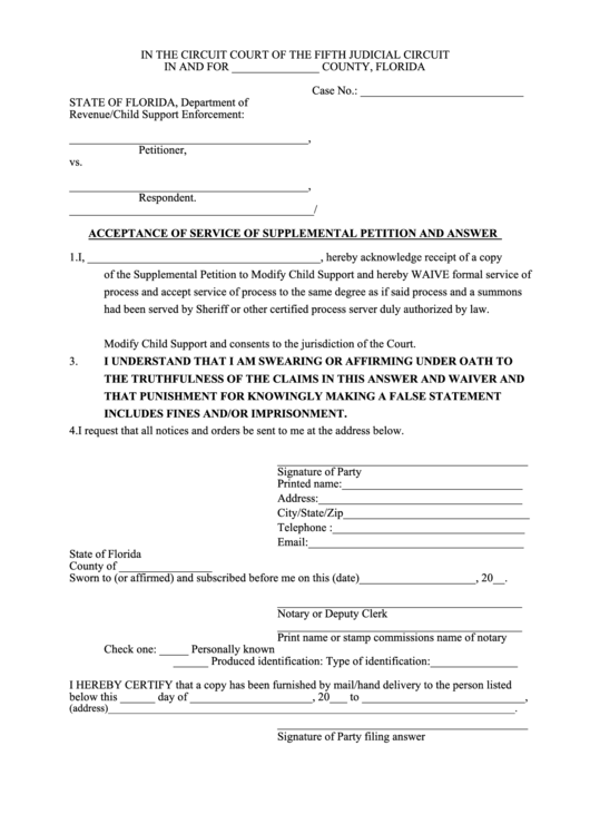 Waiver Of Service And Answer Form Florida Printable pdf