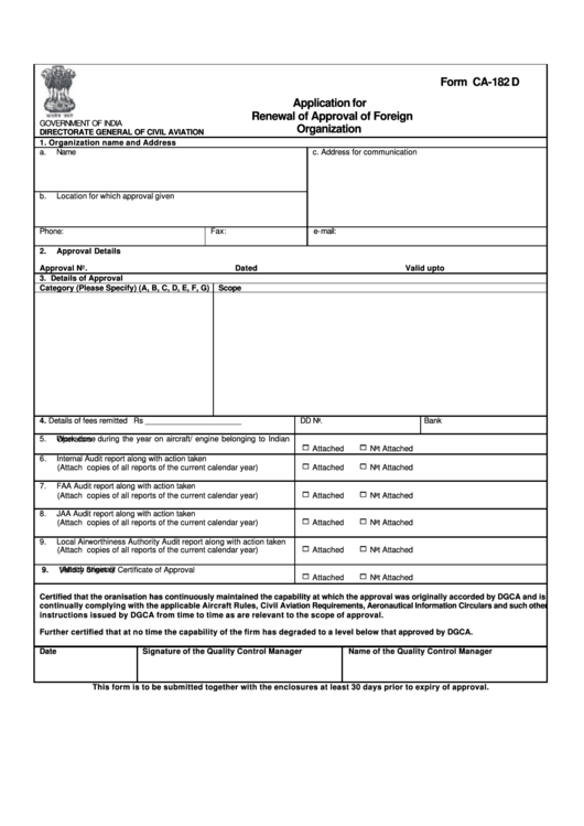 Form Ca-182 D - Application For Renewal Of Approval Of Foreign Organization Printable pdf