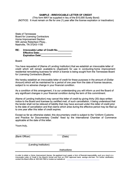 Irrevocable Letter Of Credit Template Printable pdf