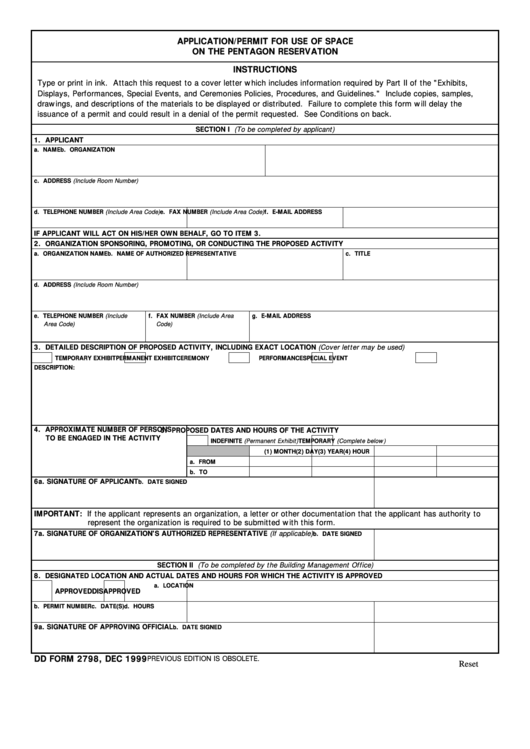 Fillable Dd Form 2798 - Application/permit For Use Of Space On The Pentagon Reservation Printable pdf