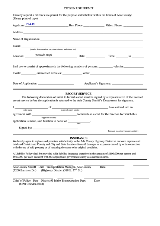 Fillable Citizen Use Permit Form - Ada County Printable pdf