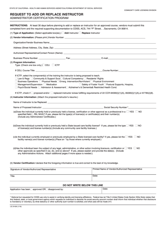 Request To Add Or Replace Instructor - State Of California - Health And Human Services Agency Printable pdf