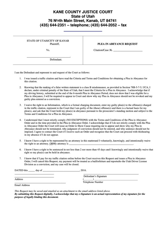 Fillable Plea In Abeyance Request Form Printable pdf