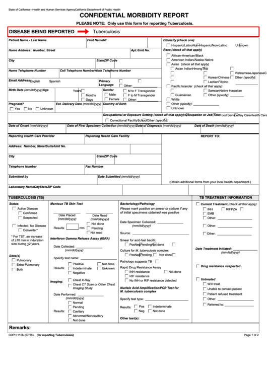 Fillable Form Cdph 110b - Confidential Morbidity Report Template - California Department Of Public Health Printable pdf