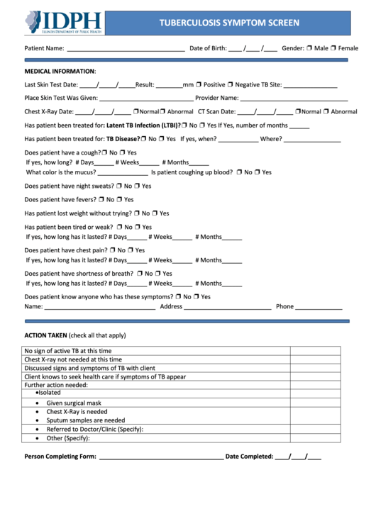 Tuberculosis Symptom Screen Form Printable pdf
