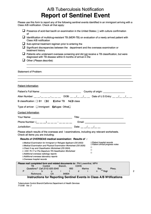 Report Of Sentinel Event Form - A/b Tuberculosis Notification Printable pdf